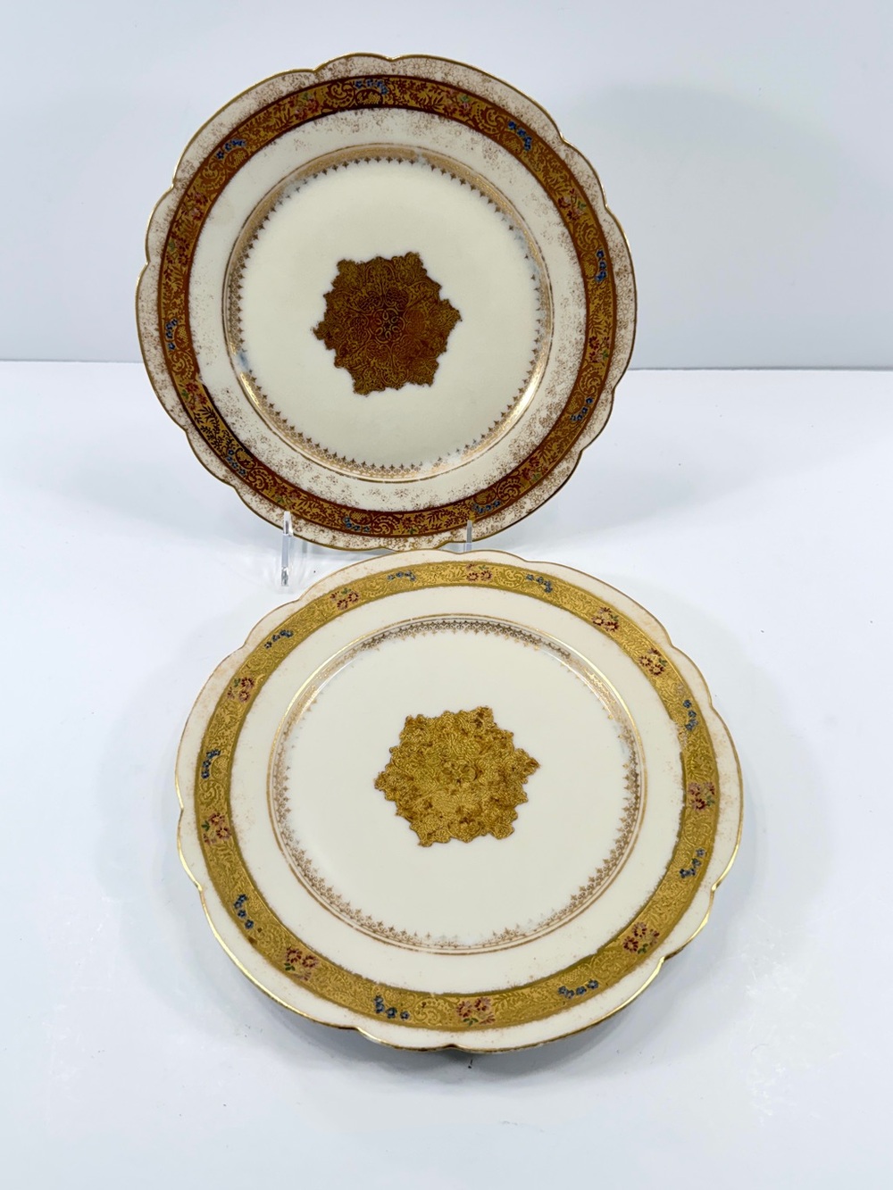 Pair 1800s Antique French‎ Porcelain Plates Raised Gold Gilt Hand Painted Enamel